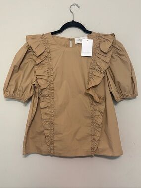 Luminary Tan Ruffle-Trim Puff Sleeve Blouse Sz M